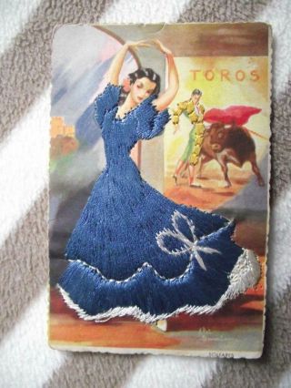 Embroidered Silk Postcard Flamenco Toros Soleares Spain Spanish Gummier See Desc