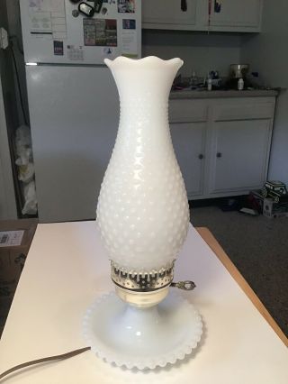Vintage Milk Glass Hobnail Hurricane Vanity Table Lamp 13 1/2”tall.