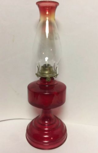 Vintage P & A Mfg Ruby Red Glass Kerosene Oil Hurricane Lamp W/ Red Tip Chimney