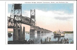 Vintage Color Print Postcard Interstate Bridge Vancouver Wa Portland Or Ferry