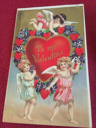 Vintage Valentines Day Postcard Cupid Hearts Flower Wreath Embossed