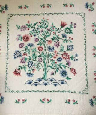 45x45 Hand Quilted &embroidered Lap Baby Quilt Tree Flowers Perfect