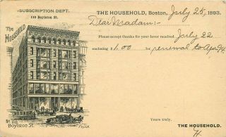 1893 Boston Postmark On " The Household " Advertising Ux12 Postal Card Postcard