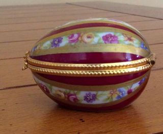 Rare Limoges France Egg Red & Gold Striped Antique Rose Hand Painted Trinket Box