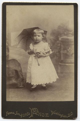 Cabinet Card Young Girl Holding Baby Doll And Umbrella.  Washington,  D.  C.