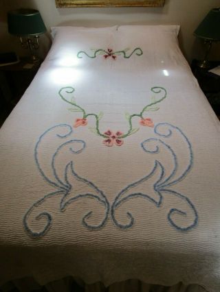 2 Vtg Twin Chenille Bed Spreads White W/bl/greens/peach,  Maroon Designs 69 " X102”