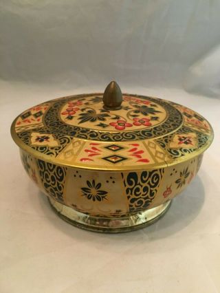 Round Tin With Lid - Red,  Black And Gold Floral Pattern - England - Metal Tin