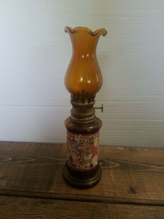 Vintage Amber Glass Chimney Oil Lamp W Retro World Map Made In Hong Kong 9inch