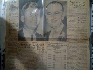 Kennedy&Johnson win 1960 Election;Dallas Morning Newspaper Article from November 3