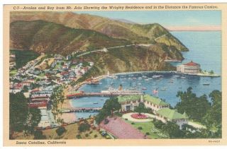 Postcard Linen Ca Santa Catalina Island Avalon Bay Mt Ada Casino Wrigley House