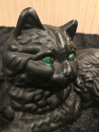 Vintage Cat Doorstop Cast Iron Full Body Green Eyes Bow On Back Signed Unknown