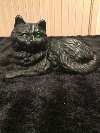 Vintage Cat Doorstop Cast Iron Full Body Green Eyes Bow On Back Signed Unknown 2