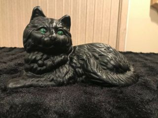 Vintage Cat Doorstop Cast Iron Full Body Green Eyes Bow On Back Signed Unknown 3