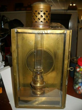 Vintage Brass And Glass Box Shaped Oil Lamp Wall Sconce