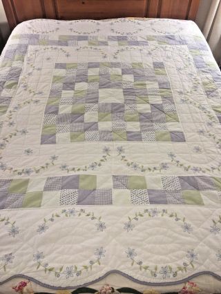 Vintage Hand Quilted One Patch W Embroidery Quilt 81 " X 80 "