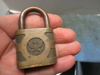 Old Brass Padlock Lock With An Eagle Cast On Both Sides.  N/r