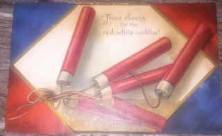 Vintage Red White And Blue Firecracker Fourth 4th Of July Postcard Patriotic