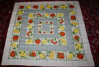 Vintage 1950s Linen Tablecloth Fruit Cherries Pineapple Pears 50 " X 50 " Exc