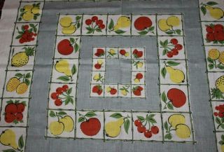 Vintage 1950s Linen Tablecloth Fruit Cherries Pineapple Pears 50 