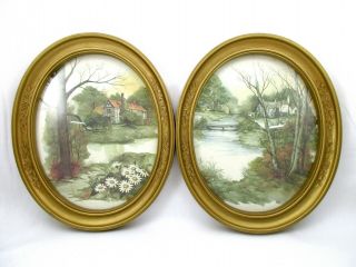 Vintage Homco Home Interiors Oval Cottage Pictures Gold Embossed Frames Pair