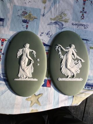 Pair Wedgwood Only Green White Cameo Large Plaques Dancers