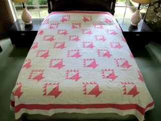 Needs Tlc: Vintage White & Pink Hand Quilted All Cotton Basket Quilt; Queen