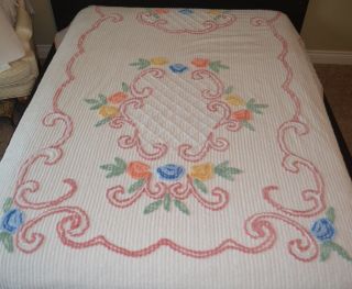 Vintage Chenille Bedspread Floral Roses Blue Pink Yellow Peach White Background