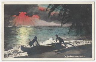 1930 Waikiki Beach,  Oahu,  Hawaii - Outrigger - Hand Colored Real Photo Postcard