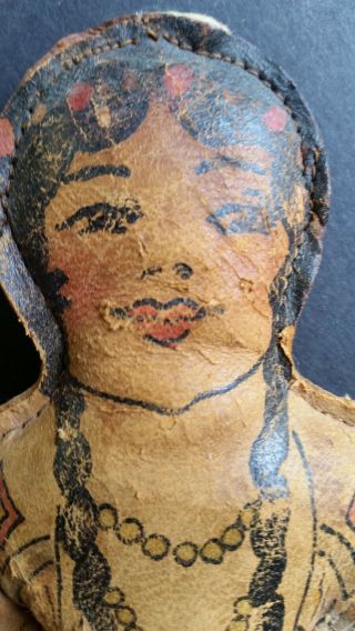 Vintage Non - Native American Doll Painted Leather Souvenir Of El Paso Texas 1930s