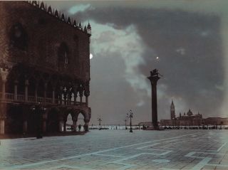Albumen Photograph Italy Hand Painted Venice At Night View