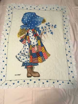 Vintage Holly Hobbie Quilt Blanket Throw 35x44 Eyelet Lace Edge Well Loved