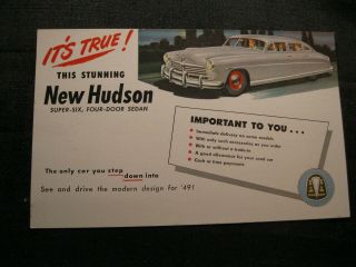 Rare 5x8 Large Postcard Advertising 1949 Hudson Six 4 Door Car Automobile