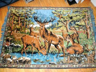 Large Elk Deer Stag Vtg Wall Hanging Tapestry 68x47 Man Cave Hunting Buck Italy