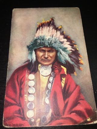 Antique Native American Indian Chief “red Owl” Postcard In Color