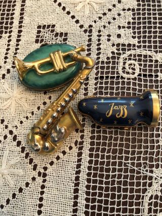 Limoges France Saxaphone Trumpet Coronet Trinket Boxes