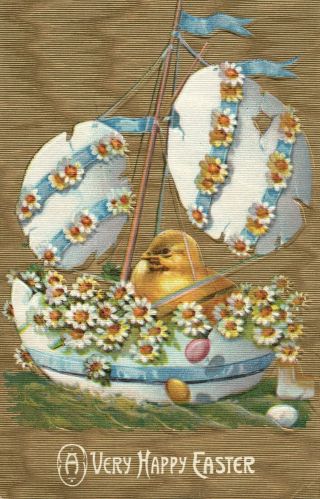 8087 Gold Metallic Chick Sailing In Egg Boat Daisys Easter Greetings Postcard