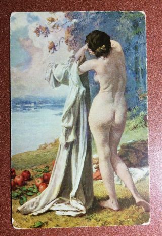 Tsarist Russia Postcard 1910s Charming Ful Nude Woman Pose White Clothes.  Apples