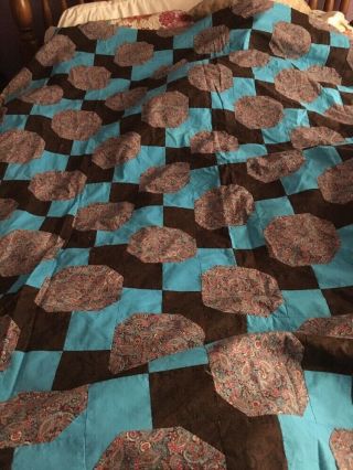 Vintage Machine Done Quilt Top Blues And Browns