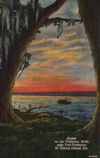 St.  Simons Island,  Ga,  Sunset On Frederica River,  Linen Vintage Postcard G3514