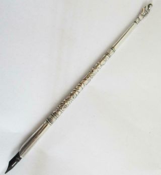 Fabulous Antique Silver Dip Pen Chinese/ Oriental Figure & Chrysanthemum Pattern