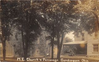 Cardington Ohio 1913 Rppc Real Photo Postcard M.  E.  Church & Parsonage