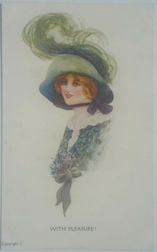 Edwardian Fashion,  Woman Wearing Large Green Plumed Hat " With Pleasure ",  C 1910