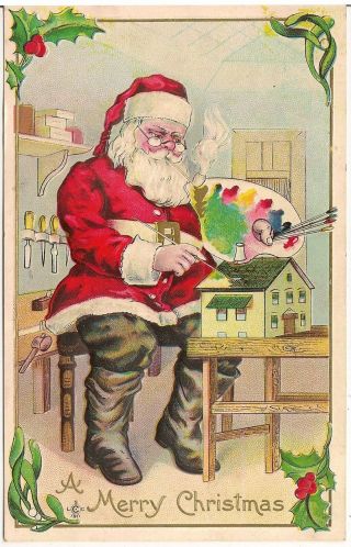 " A Merry Christmas " Santa Claus Painting Dollhouse Postcard