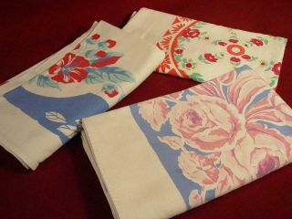3 Colorful Vintage 1940s 50s Tablecloths Red Pink Floral Roses Cutters?