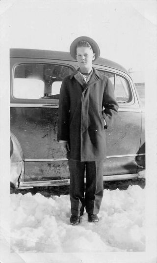 Young Man - Teen Boy Dressed For Church - Hat Coat Winter Snow Vtg Photo 191