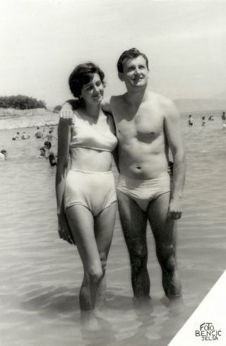 Shirtless Swimsuit Man Trunks Bulge Bikini Woman Posing At The Beach Gay Photo