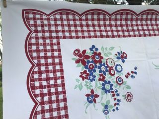 Vtg Tablecloth Cotton Floral Red White Turquoise Checker Vguc 50 " X48 "
