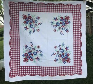 VTG Tablecloth Cotton Floral Red White Turquoise Checker VGUC 50 