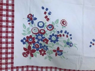 VTG Tablecloth Cotton Floral Red White Turquoise Checker VGUC 50 