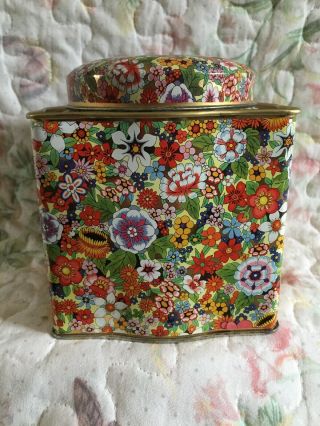 Vtg.  Daher Floral Tin Long Island Ny Made In England Square Cap Cover